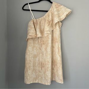 BCBG Tan & White Ruffle One Shoulder Mini Dress Size 6